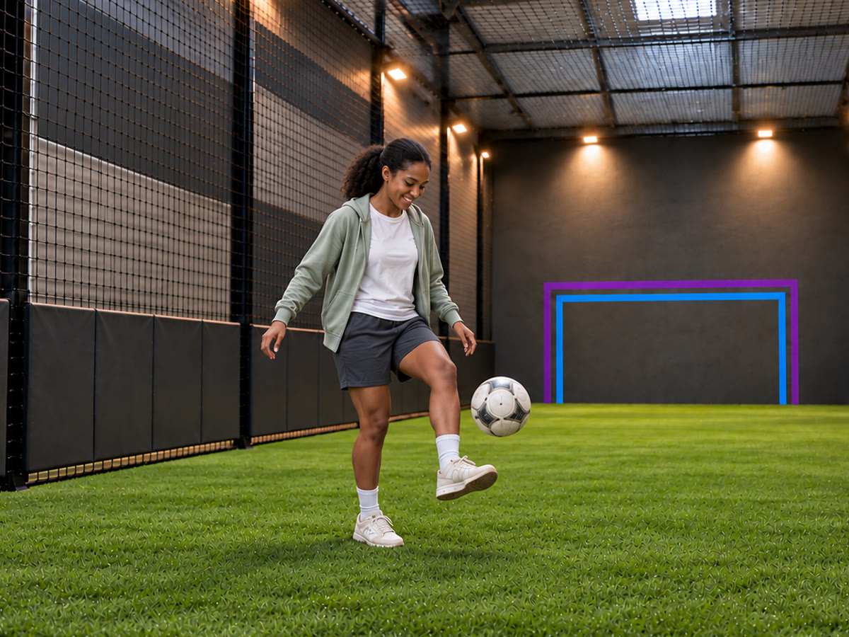 A woman smiling as she keeps a football up at Kickaround