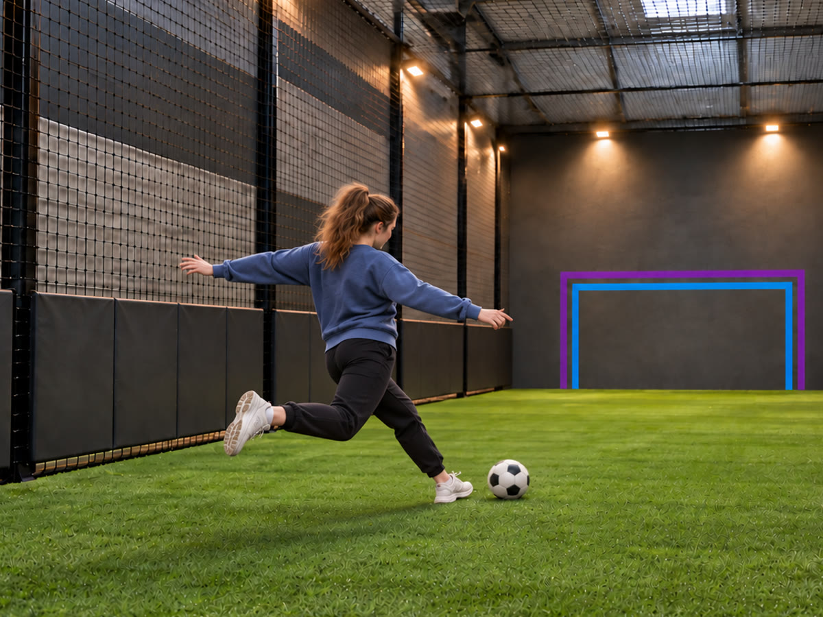 A woman about to strike a football at the wall