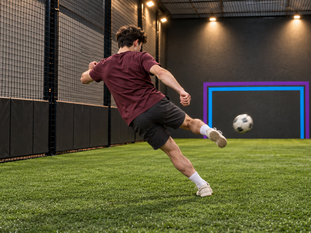 A man volleys a football towards the wall at Kickaround